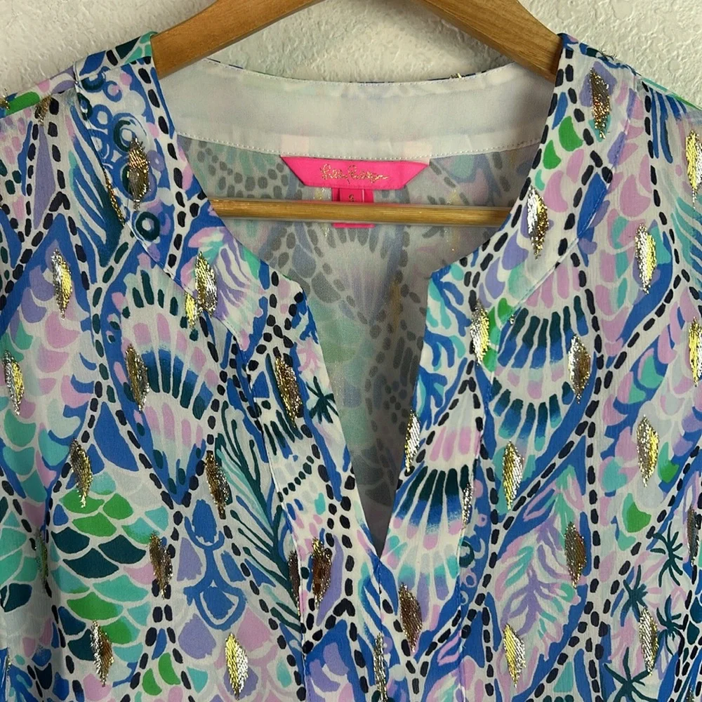 Perfect LILLY PULITZER ELENORA SILK BLOUSE TAILS OF THE SEA METALLICS Small - Picture 5 of 9